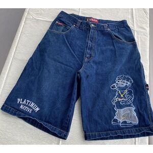 Deka Platinum Native Mens Baggy Denim Carpenter Shorts Blue Embroidered Size 36